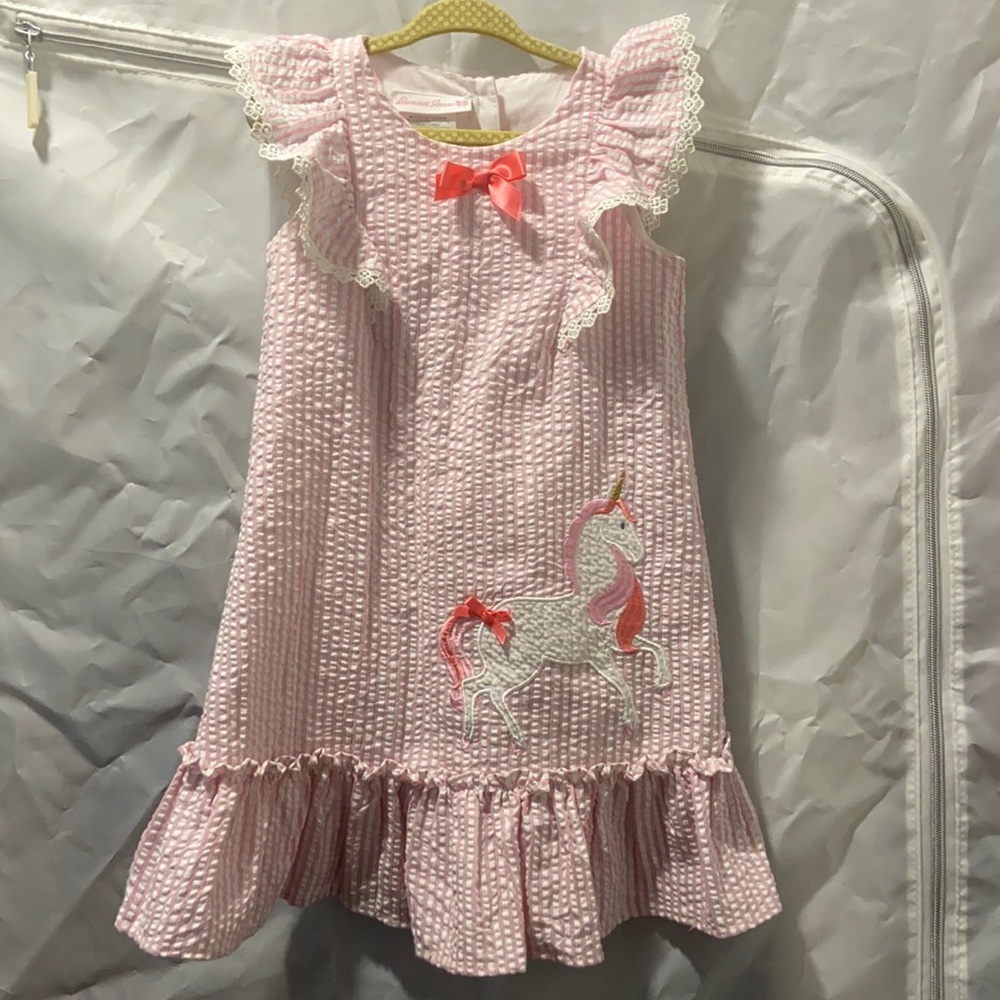 NWOT Bonnie Jean Pink White Gingham W/ Ruffles & Unicorn Detail. 4T